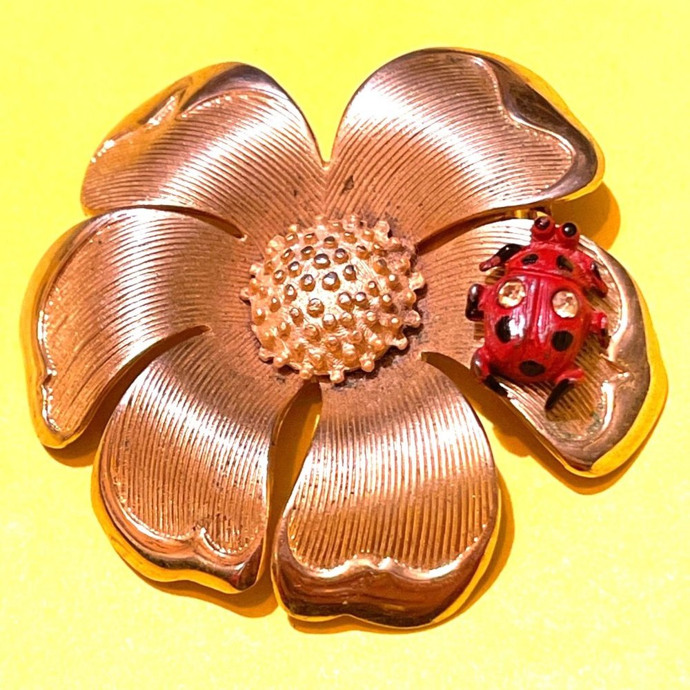 Beau Jewels Floral Gold-tone Brooch Removable Red Rhinestone Ladybug